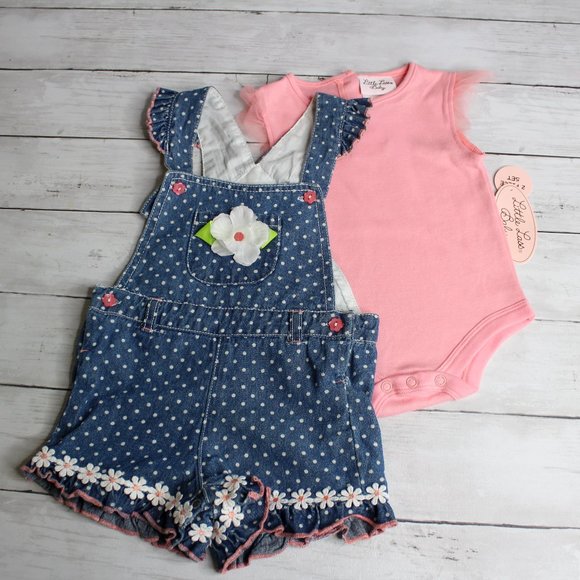 Little Lass Baby Girl Denim Blue Bib Overall Shorts Top Set Size 12 Mo - Picture 1 of 4